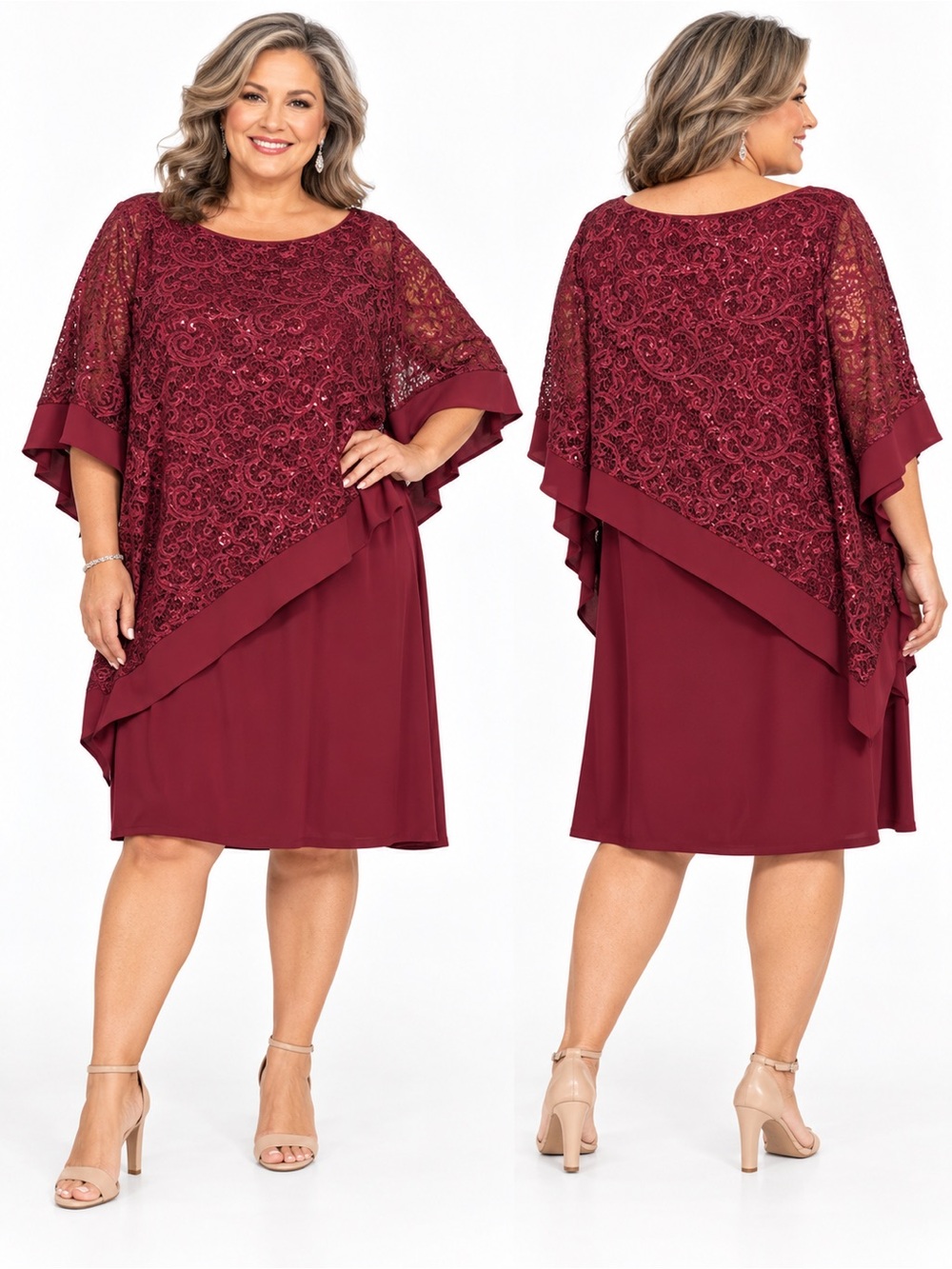 R&M Richards Woman 20W Burgundy Sequin Lace Poncho Cocktail Dress NWT